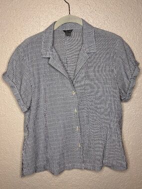 Eddie Bauer Gray White Stripe Short Sleeve Button Down Camp Shirt Women's Size M